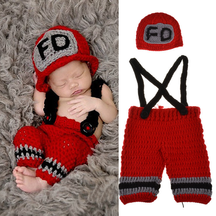 Photography Design - Handgemaakte gehaakte pasgeboren babyjongens fotografiekleding brandweerman